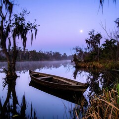 A tranquil, wooden rowboat rests peacefully on a still, misty lake at dawn, reflecting the soft, purple hues of the tranquil sky.