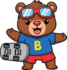 Cartoon bear, skateboard, blue shirt, red shorts, goggles, cheerful, sporty, vector, children, fun, character, playful, animal, happy, illustration, mascot, outdoor, activity, cute, energetic, pose