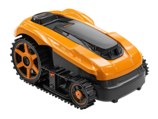 Orange and black robotic lawnmower.  Top-down view of a modern, automated lawn mower.  Features a  sleek design with orange chassis, black components, and multiple wheels/tracks