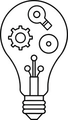 lightbulb with gears and research icons outline.