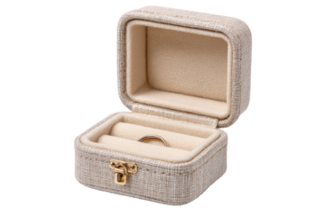 Beige ring box, empty, studio shot, neutral background, jewelry packaging