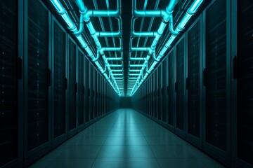 Liquid cooling in a futuristic data center hallway with glowing blue pipes.