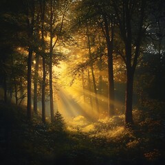 Morning light glowing through enchanted woodland high resolution picture