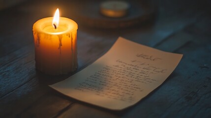 Warm candlelight illuminating handwritten note on wooden table