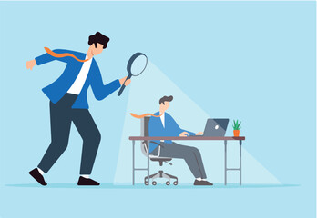 Flat illustration of micromanaging boss toxic manager use magnifying glass to monitoring employee excessively