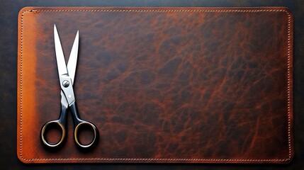 Elegant stainless steel scissors on brown leather desk pad for office and craft use