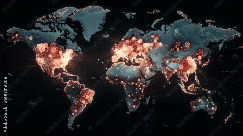Poster interactive 3d map showing infection clusters across continents, glowing visualizations