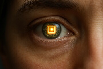 Human eye with a glowing bionic chip implant, a concept of cybernetics.