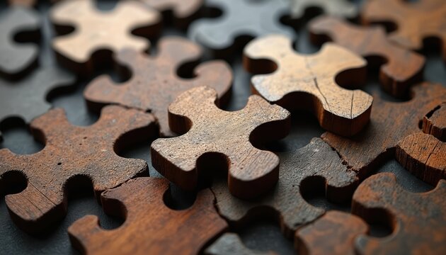 Close-up of wooden puzzle pieces, intricate details, rich brown texture. Scattered arrangement suggests challenge game in progress. Handmade craft element problem solving, strategy.