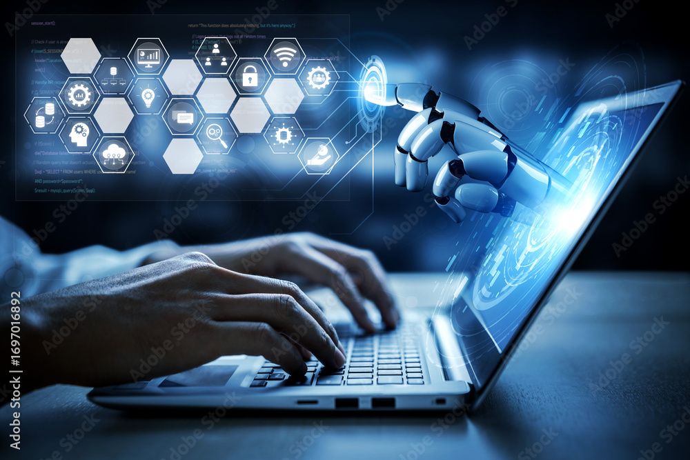 Poster ai managing integrated business system, analyzing data, securing digital infrastructure, connecting 