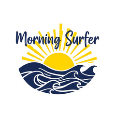 Obraz premium Tshirt design for morning surfer text with sun and ocean waves isolated on white background