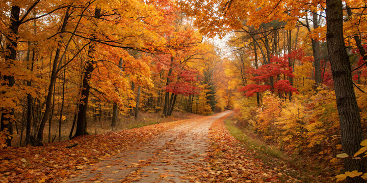Autumn Forest Path Covered in Golden Leaves