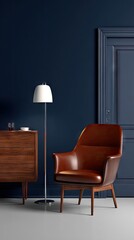 A stylish, modern armchair in a sophisticated, deep blue room, accented by a light-toned lamp and a wooden dresser, creates a calming and elegant atmosphere.
