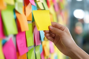 Close-up of a hand placing a yellow sticky note on a colorful wall of notes in an office setting