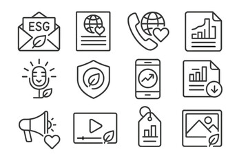 Ethical Investment Icons. Line style icons of ethical investment communication: ESG email icon, impact story newsletter, investor