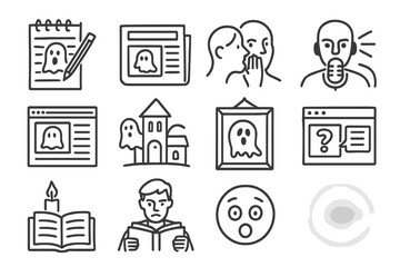 Urban Tales Icons. Line style icons of retold urban tales: sketchy notebook, newspaper clipping, whispered gossip, eerie radio