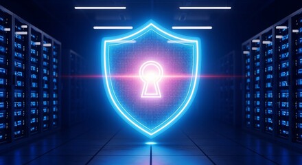 Advanced cybersecurity and digital data protection concept with a futuristic glowing neon shield in a server room