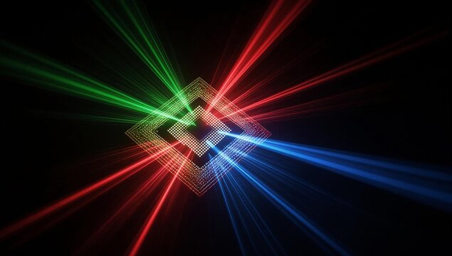 A quantum photonics chip emitting RGB laser beams in a dark laboratory setting.