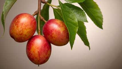 Ripened Red Plums Hanging from a Branch with Leaves