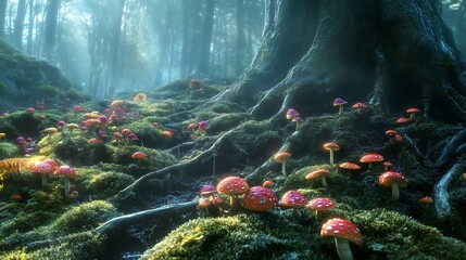 Mossy woodland filled with red spotted mushrooms high resolution picture