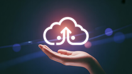 Cloud Computing at Your Fingertips: A minimalist image showcasing a hand delicately cradling a glowing cloud icon, symbolizing seamless access to digital information and connectivity.
