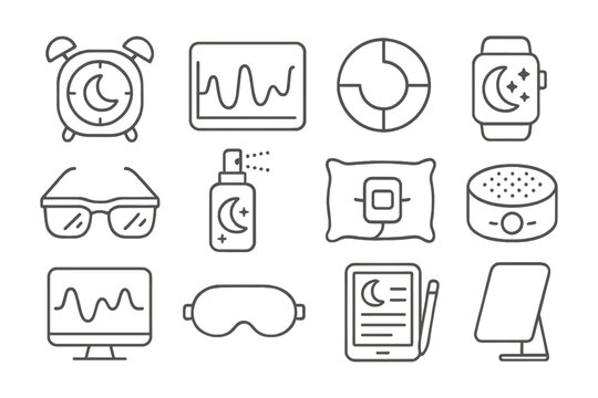 Sleep Optimization Icons. Line style icons of sleep optimization tools: sleep cycle alarm, deep sleep chart, circadian graph,