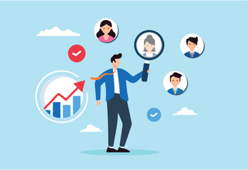 Flat illustration of businessman with magnifying glass focuses on users or client illustrating customer centric marketing strategy