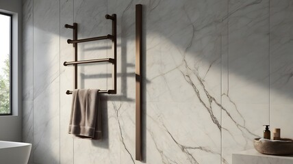 Minimalist Bathroom Towel Scene – A single hanging towel on a modern rack against a marble wall, storytelling of elegance and simplicity 3