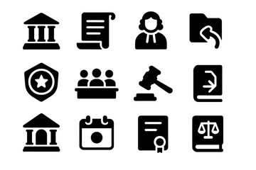Appeals Court Icons. Solid style icons of appeals and higher courts: appeals court icon, appellate brief scroll, appellate judge
