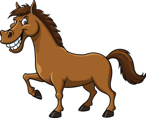 Funny horse cartoon, smiling animal character, vector illustration, children’s content, farm animal, happy horse, comic style, playful pose, brown horse, big teeth