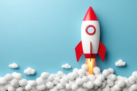 Colorful rocket launching amidst white clouds and golf balls against a blue background - Powered by Adobe