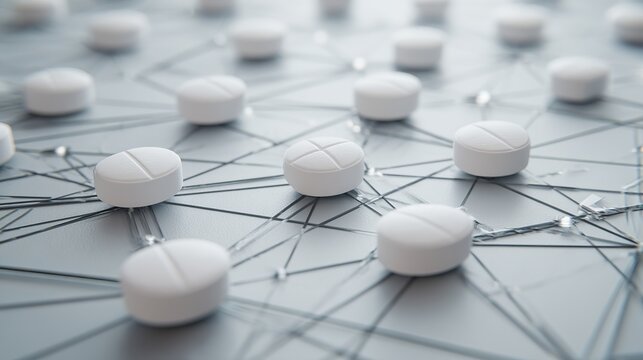 Abstract network of white pills connected by lines, symbolizing medical research, data, and interconnected pharmaceutical solutions