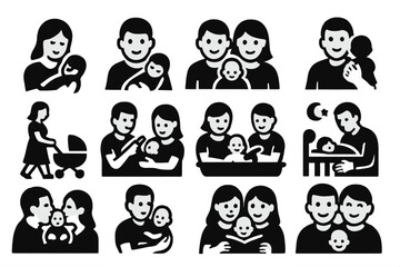 Family Icons. Solid style icons of parents with baby: mom holding baby, dad with infant, family of three, baby on shoulder,