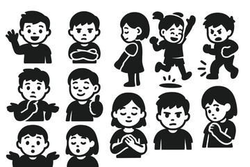 Kids' Emotions Icon Set. Solid style icons of kids’ emotions and behavior: cheerful wave, grumpy arms crossed, shy turn, angry