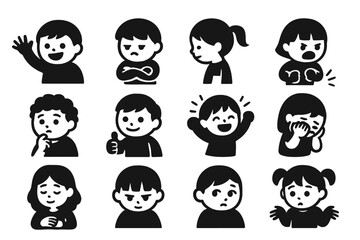 Kids' Emotions Icon Set. Solid style icons of kids’ emotions and behavior: cheerful wave, grumpy arms crossed, shy turn, angry