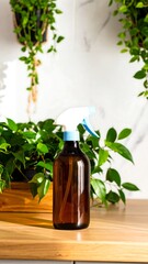 Amber spray bottle surrounded by greenery