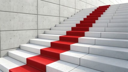 Stunning photo of abstract 3D render shows stairs. White steps lead upward. Red step stands out as next step. Modern design emphasizes progress, success. Blank space for product.
