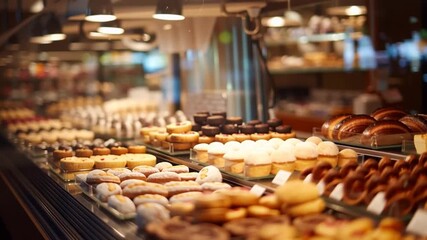 Wide shot of bakery display with pastries, cakes, cookies