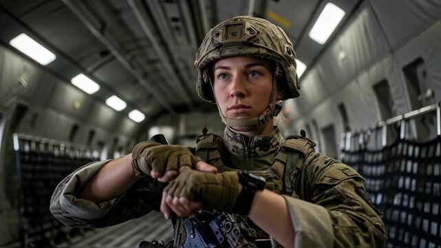 Woman soldier checking her watch in military aircraft with closed and open eyes, war footage