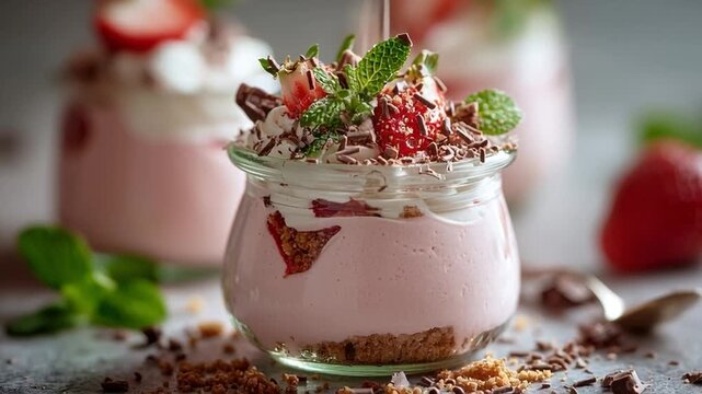 Strawberry mousse parfait in glass jar with garnish