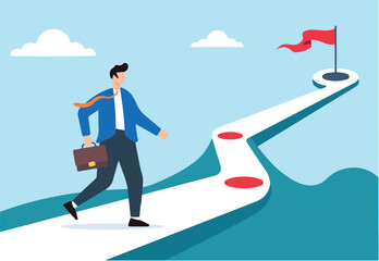 Flat illustration of businessman walks along winning plan journey aiming for career success