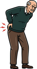Elderly man experiencing lower back pain with red pain indicators in green sweater and brown pants vector illustration 