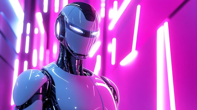 A humanoid robot with sleek metallic features, standing in a futuristic cityscape illuminated by neon lights .