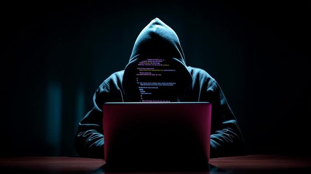 Hacker in hoodie working on laptop in dark room