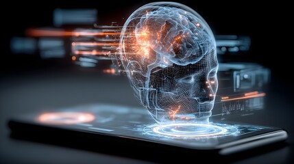 Artificial intelligence brain interface concept with glowing neural network over digital tablet display.