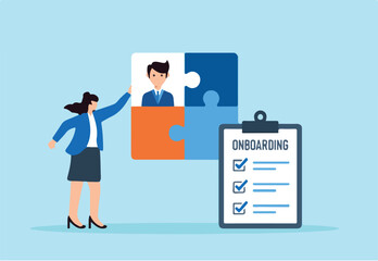Flat illustration of human resource manager fitting candidate puzzle piece into team structure with onboarding checklist for recruitment process and new hire integration
