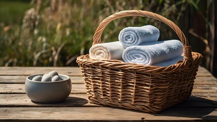 Rolled Towels in a Basket – Natural wicker basket with neatly rolled towels placed on a rustic wooden table, storytelling of home warmth 2