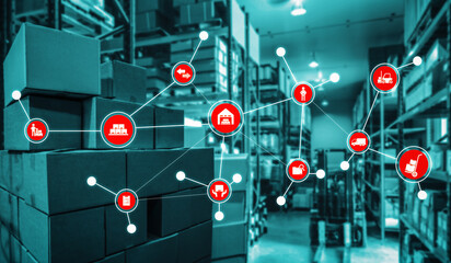 Smart warehouse management system with innovative internet of things technology to identify package picking and delivery . Future concept of supply chain and logistic network business .