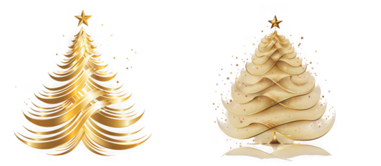 Two golden christmas trees isolated on transparent background, one with brush strokes and the other with a more textured and layered look, both topped with a star