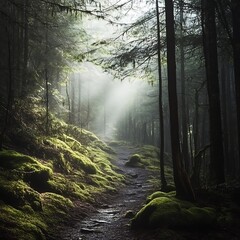 Mysterious woodland path covered with moss high resolution picture